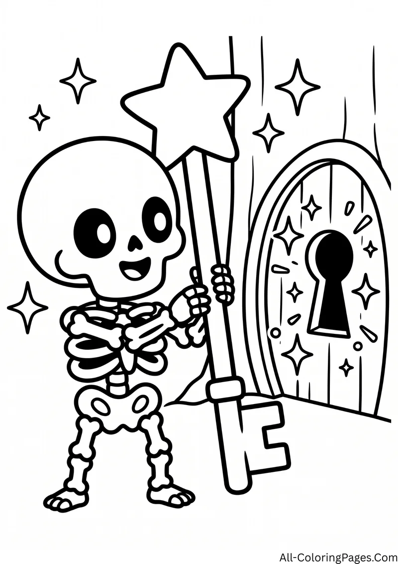 Skeleton holding a large key with a star on top next to a small door with a big keyhole, with sparkles