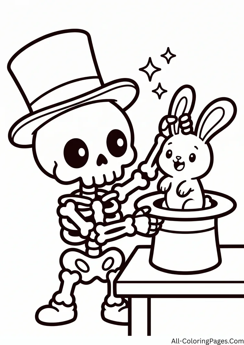Skeleton in a top hat pulling a bunny out of a magic hat on a table, with sparkles