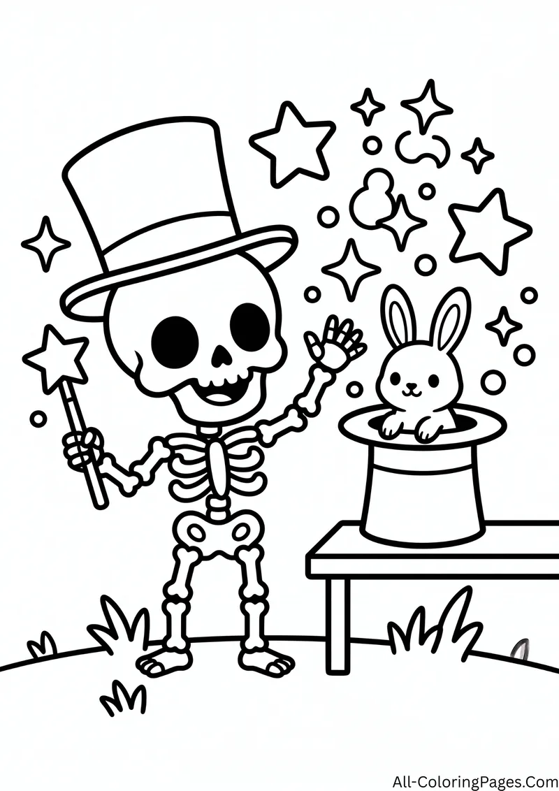 Skeleton magician in a top hat waving a star wand beside a bunny in a magic hat, with stars