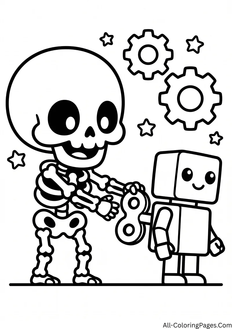Skeleton turning the wind up key on a smiling toy robot, with gears and stars