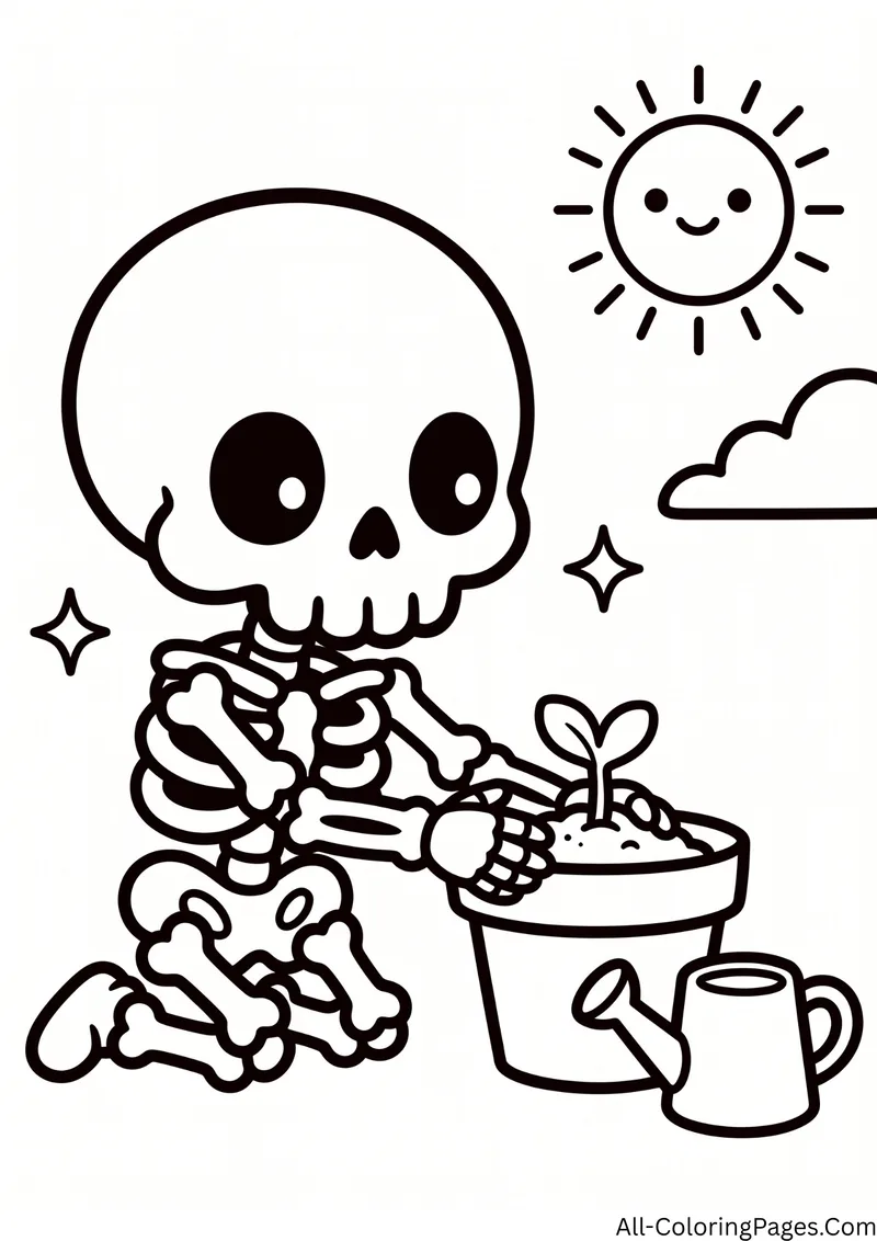 Skeleton planting a seedling in a flower pot next to a watering can, with a smiling sun