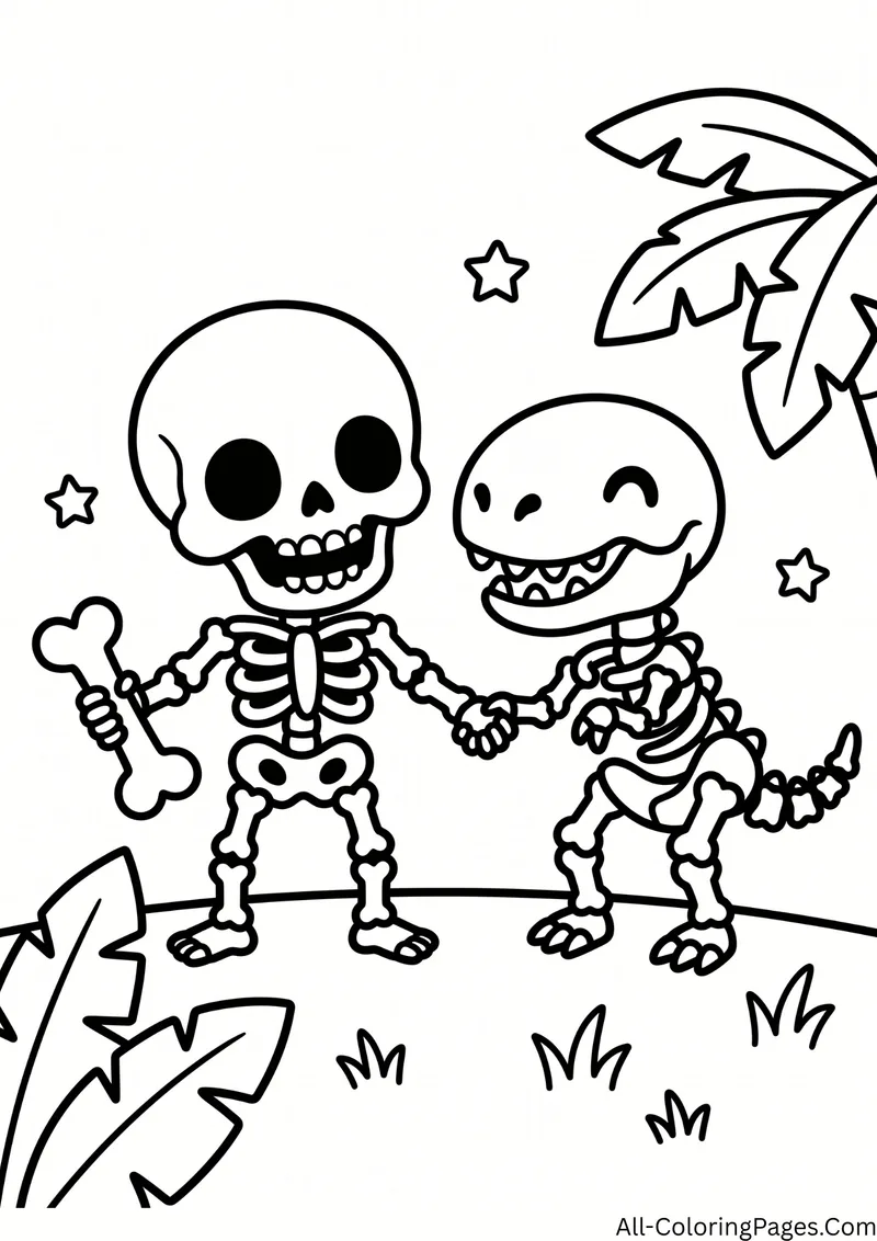 Skeleton holding a bone and holding hands with a smiling dinosaur skeleton among jungle leaves
