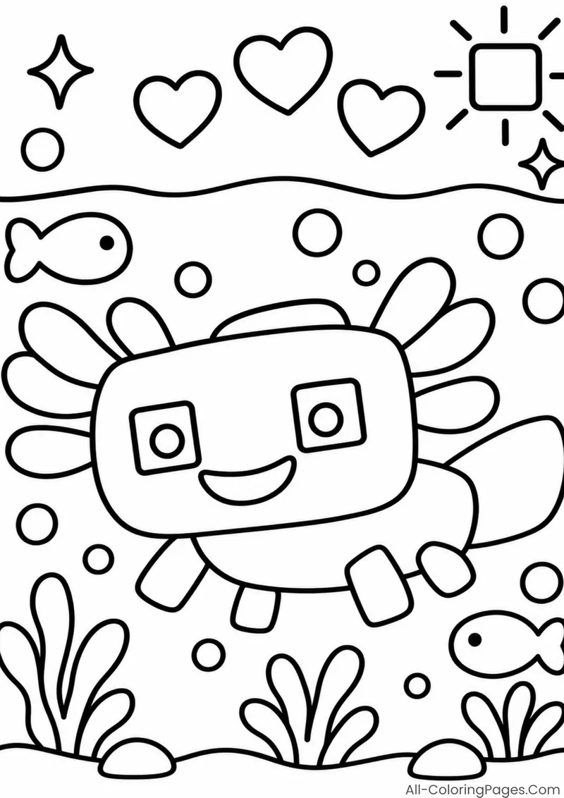 A smiling axolotl swimming with fish, plants and hearts