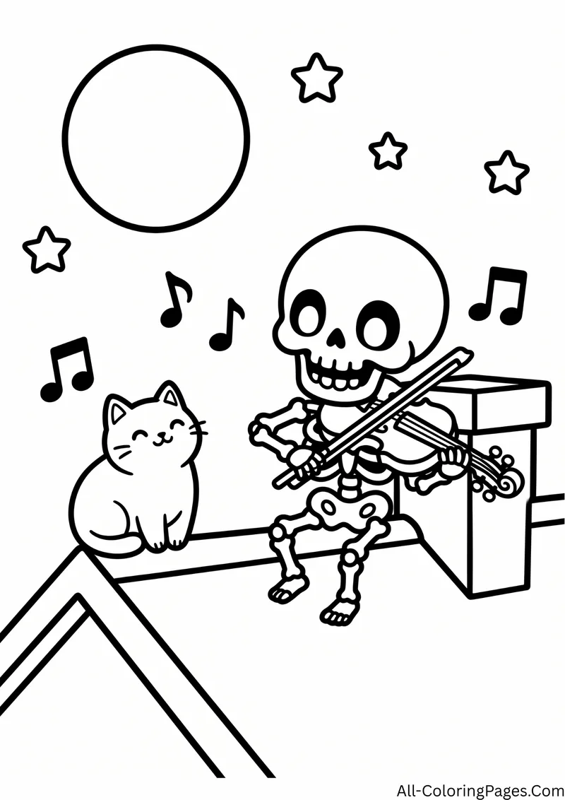 Skeleton playing a violin on a rooftop by a chimney while a cat listens, under a full moon with music notes
