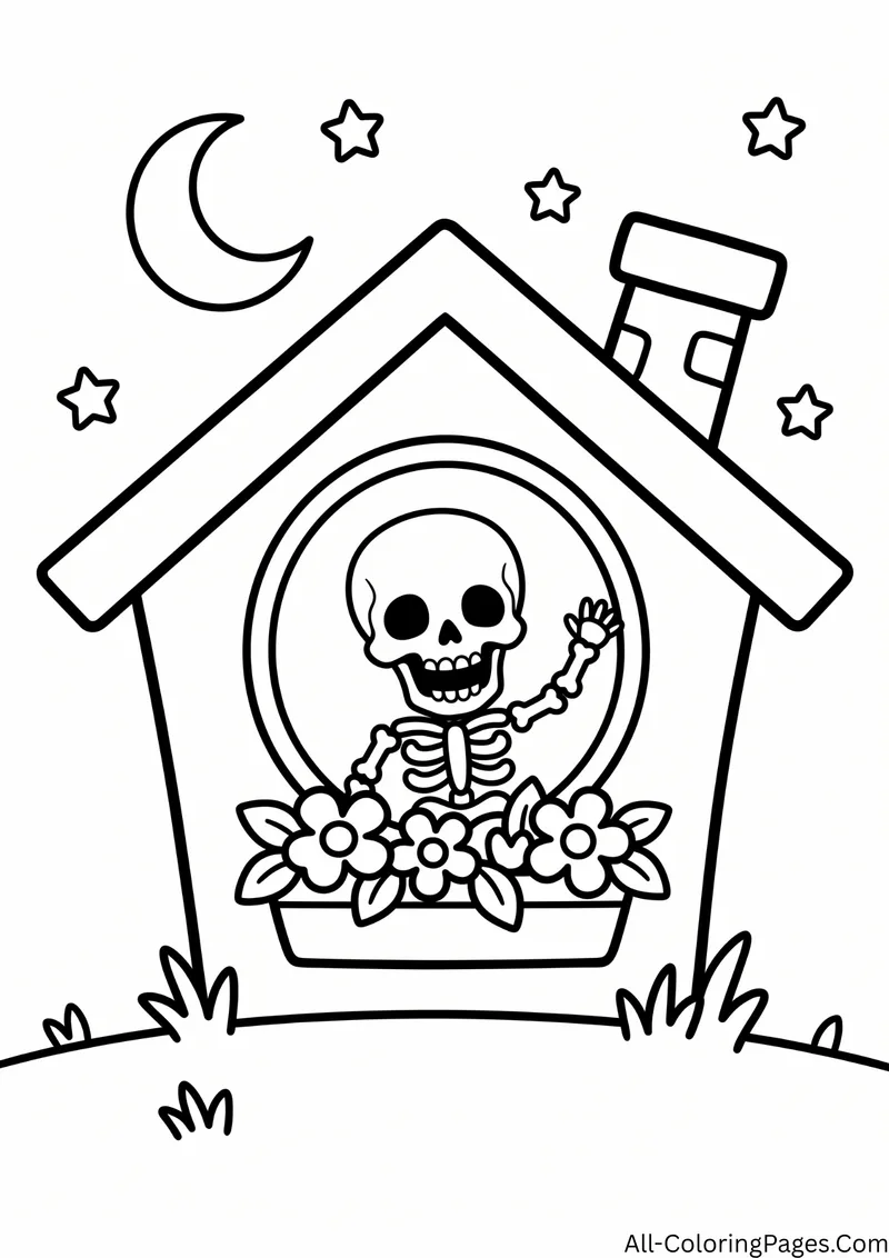 Skeleton waving from the round window of a small house with a flower box, under a crescent moon and stars