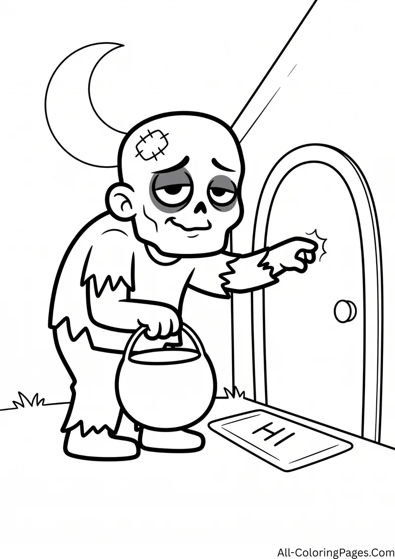 Zombie knocking on a front door while holding a treat bucket, with a HI doormat and a crescent moon