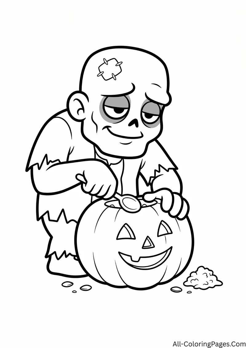 Zombie carving a smiling jack o lantern with a spoon, with pumpkin bits on the ground