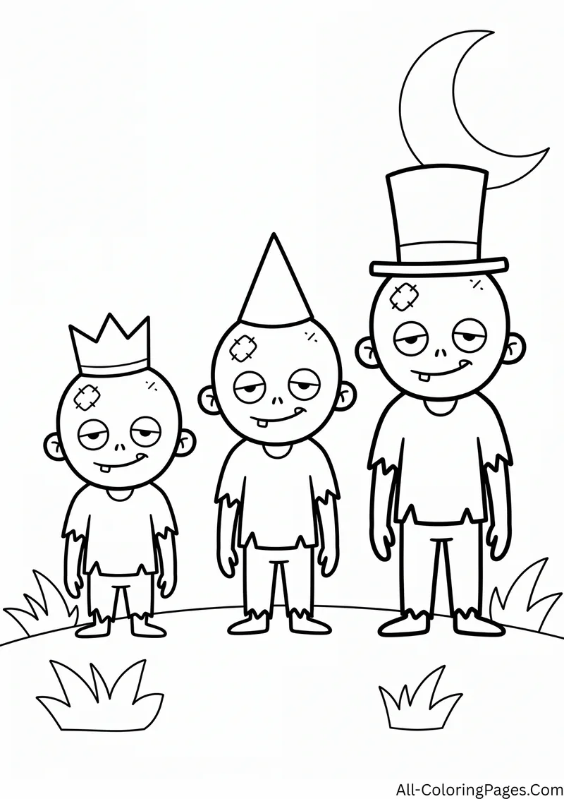 Three zombies standing in a row wearing a crown, a party hat and a top hat, under a crescent moon