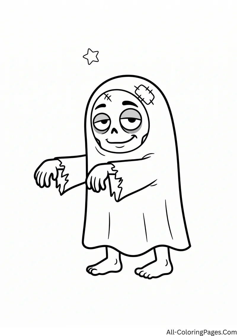 Zombie wearing a white sheet ghost costume with its arms and feet sticking out