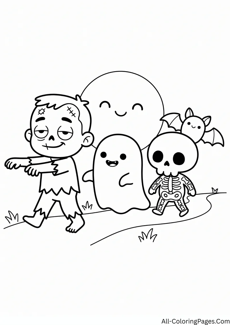 Zombie walking with a ghost, a skeleton and a bat in front of a smiling full moon