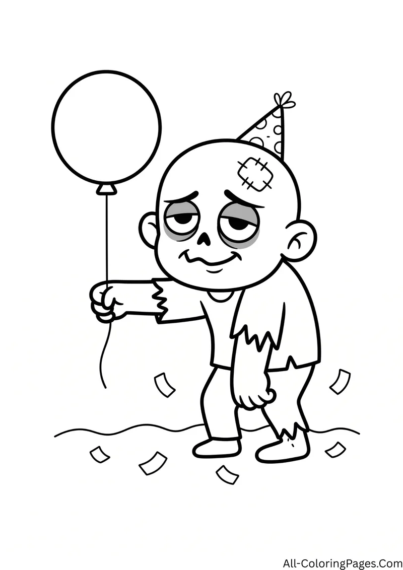 Zombie wearing a party hat and holding a balloon, with confetti on the ground