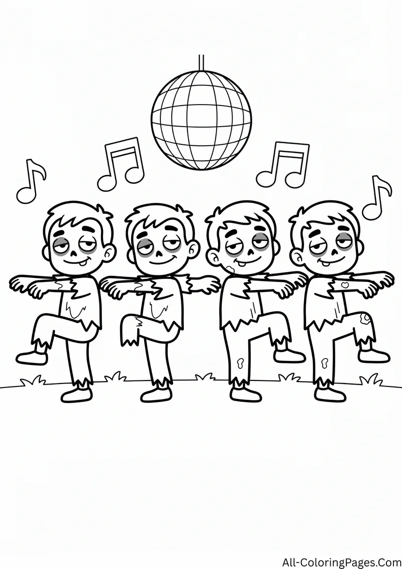 Four zombies dancing in a line under a disco ball with music notes