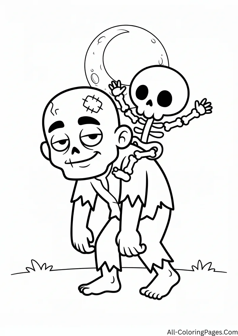 Zombie giving a piggyback ride to a waving skeleton under a large moon