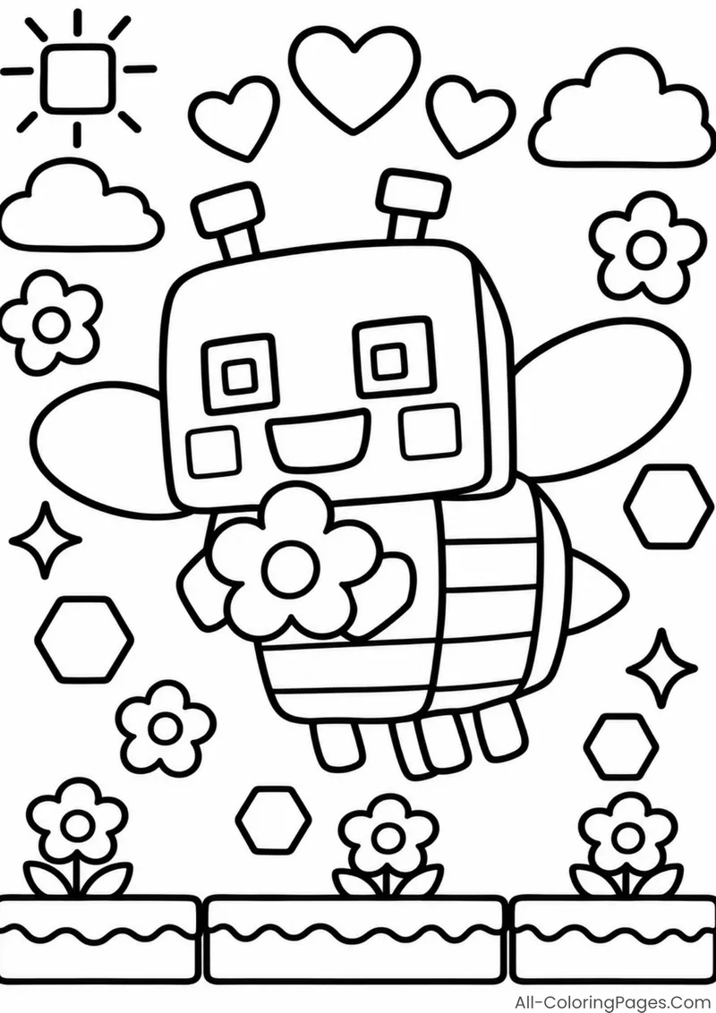 A blocky bee holding a flower above a garden
