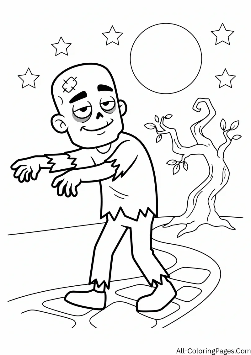 Zombie walking with arms stretched out on a stone path under a full moon, with a bare tree and stars