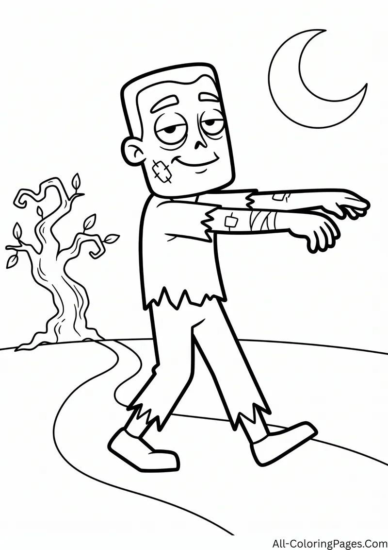 Zombie with a flat head walking with arms out along a winding path, with a bare tree and a crescent moon