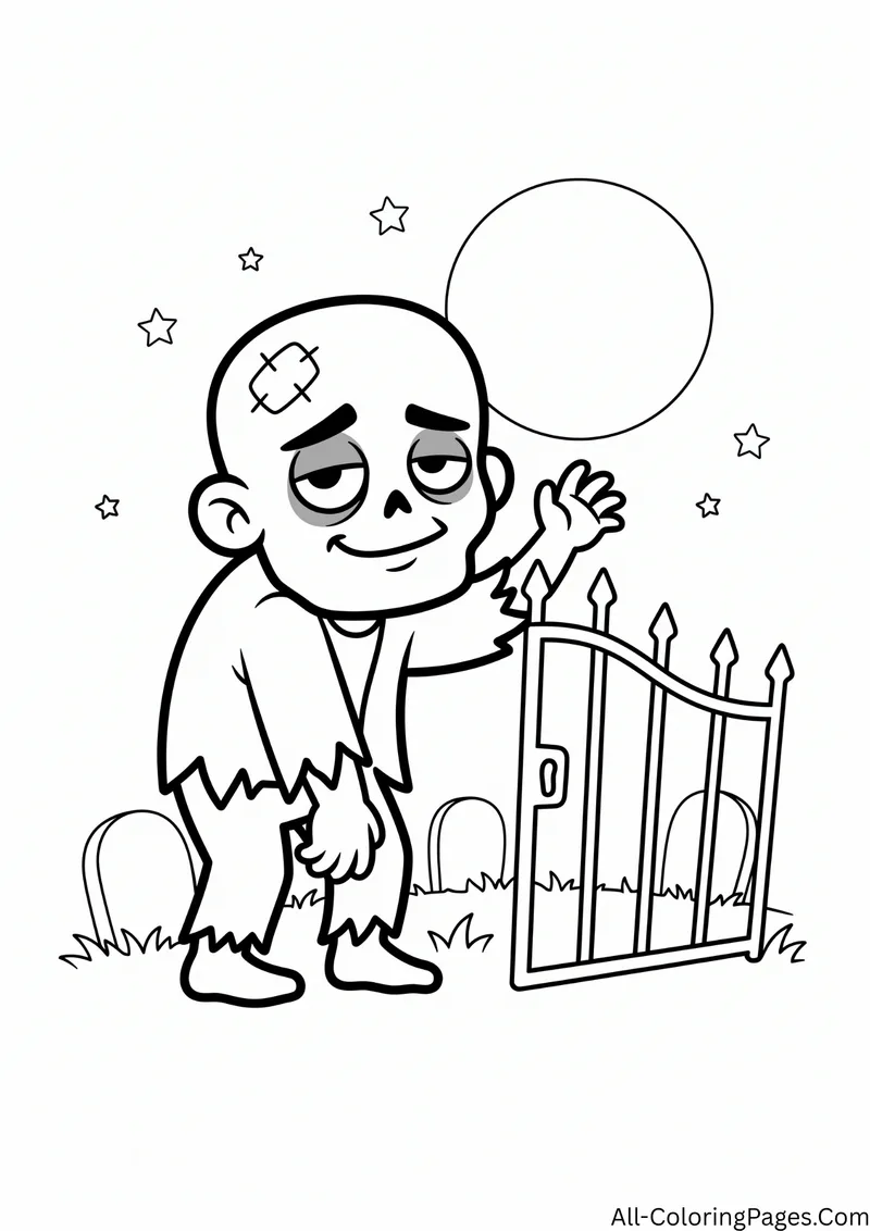Zombie opening a crooked iron gate beside tombstones under a full moon and stars