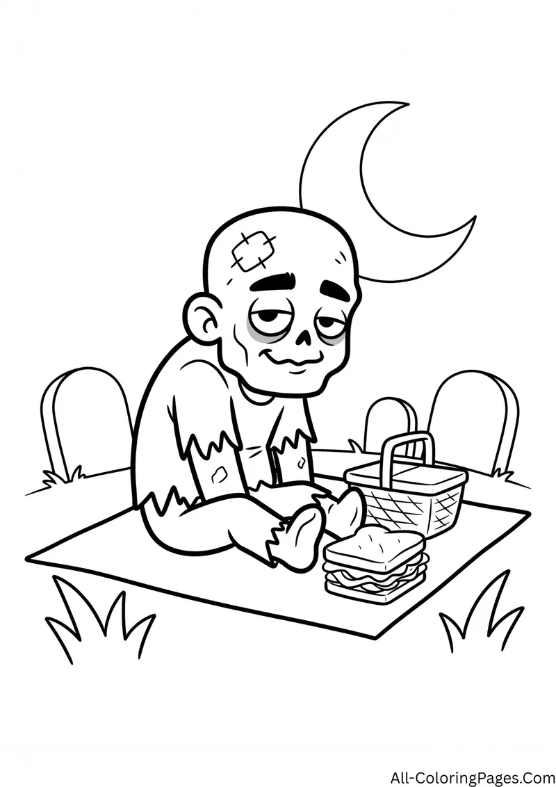 Zombie sitting on a picnic blanket with a basket and a sandwich among tombstones under a crescent moon