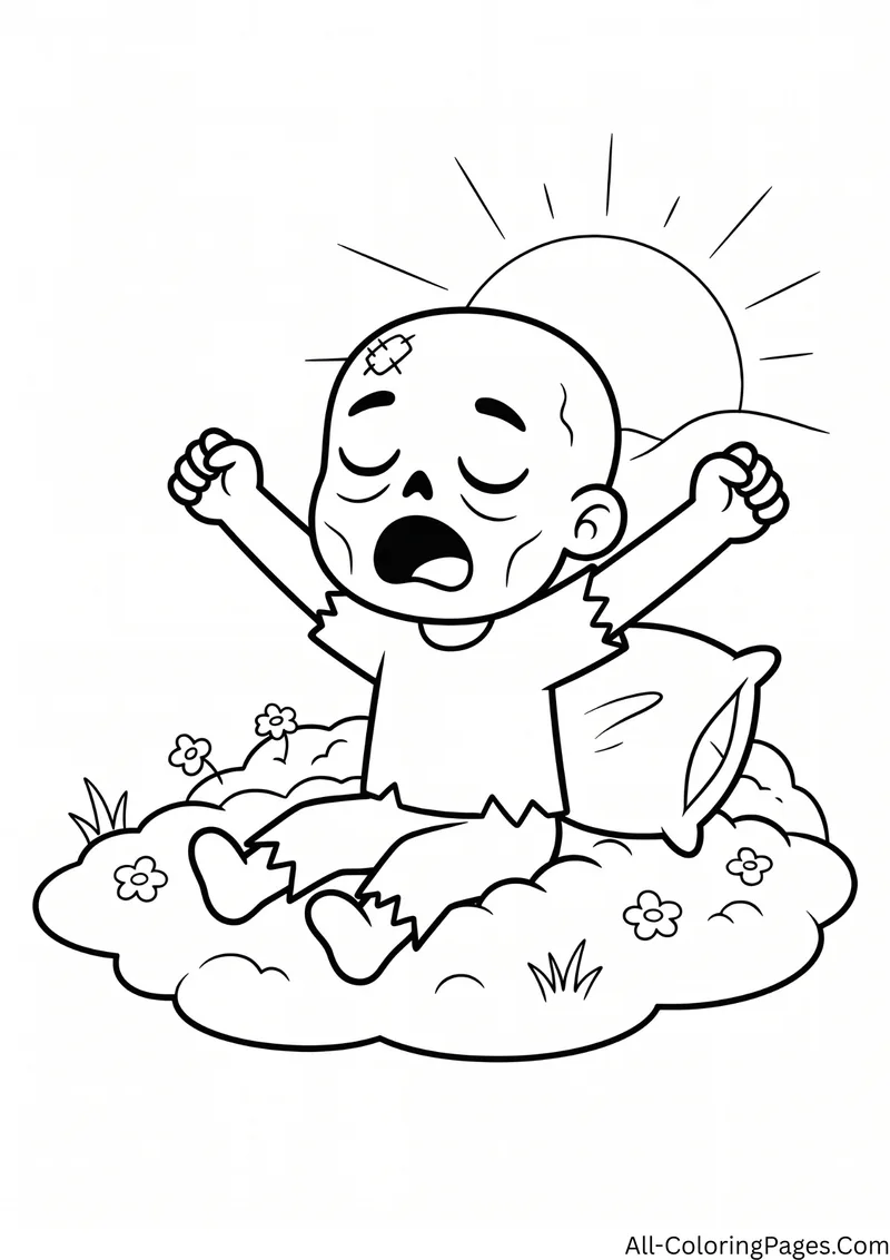 Zombie yawning and stretching while sitting up in a patch of dirt and flowers with a pillow, at sunrise