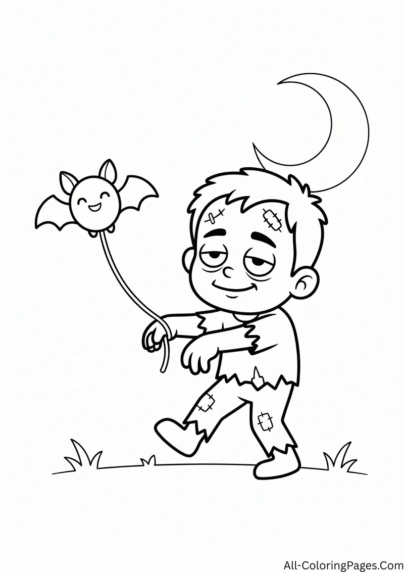 Zombie walking a smiling bat on a string under a crescent moon