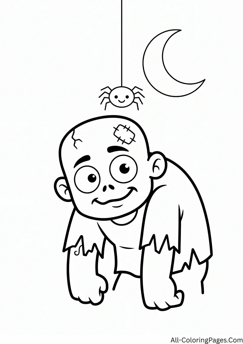 Wide eyed zombie looking up at a small spider hanging from a thread, with a crescent moon