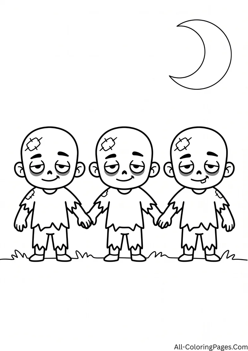 Three small zombies holding hands under a crescent moon