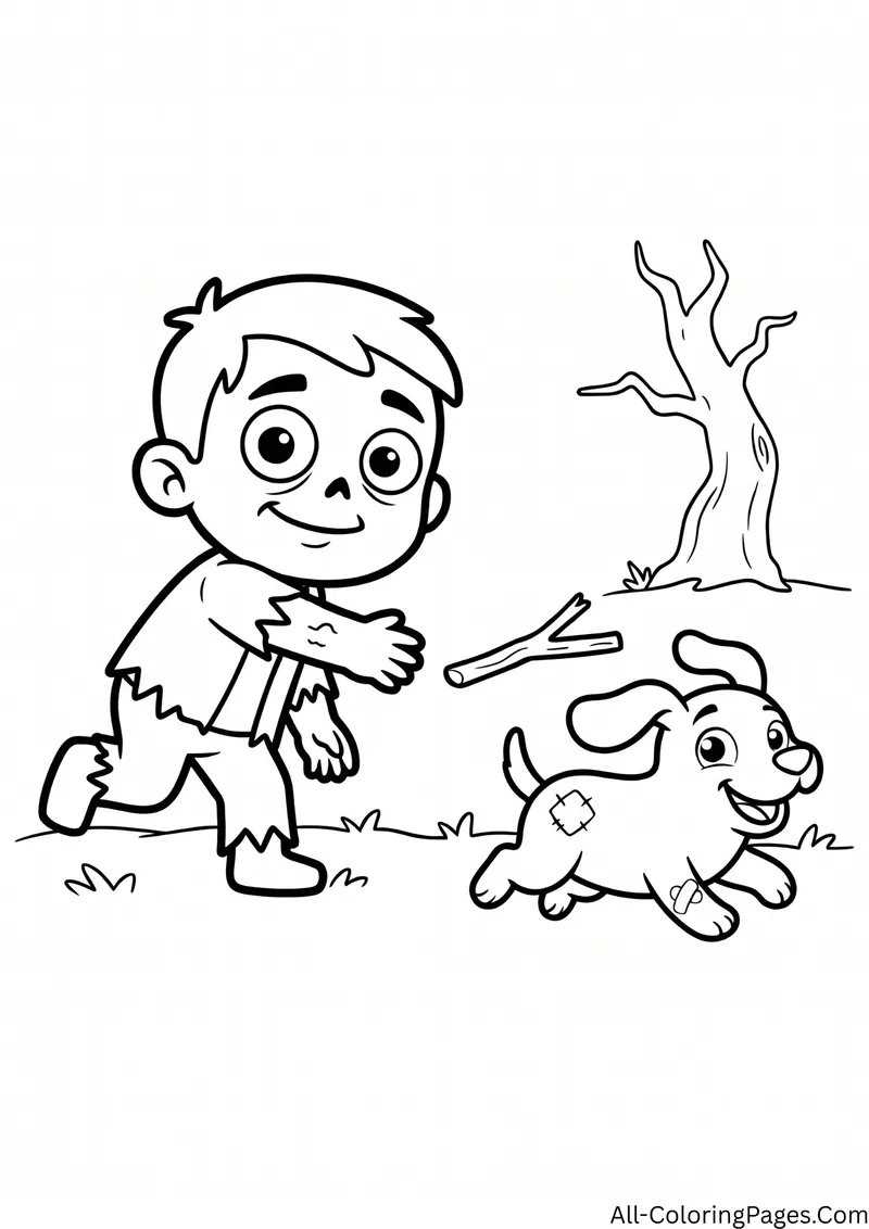 Zombie kid throwing a stick to a running puppy with patches, next to a bare tree