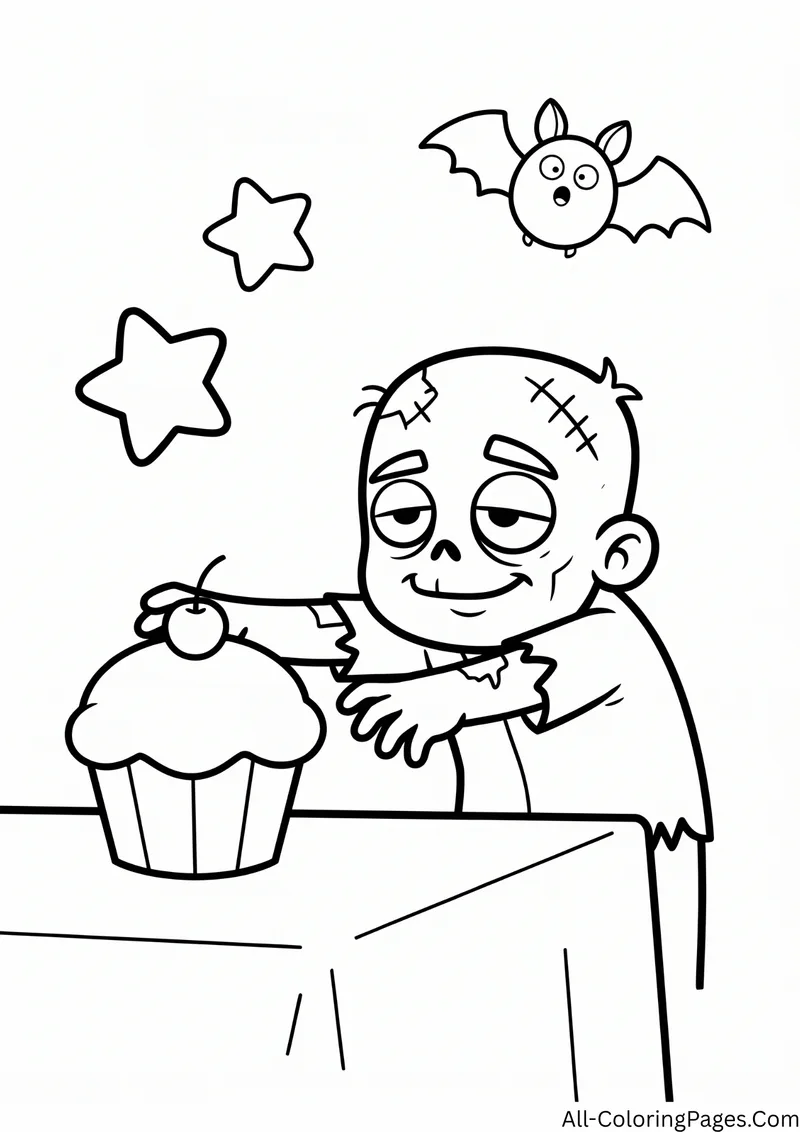Zombie reaching for a large cupcake with a cherry on a table, with a surprised bat and stars