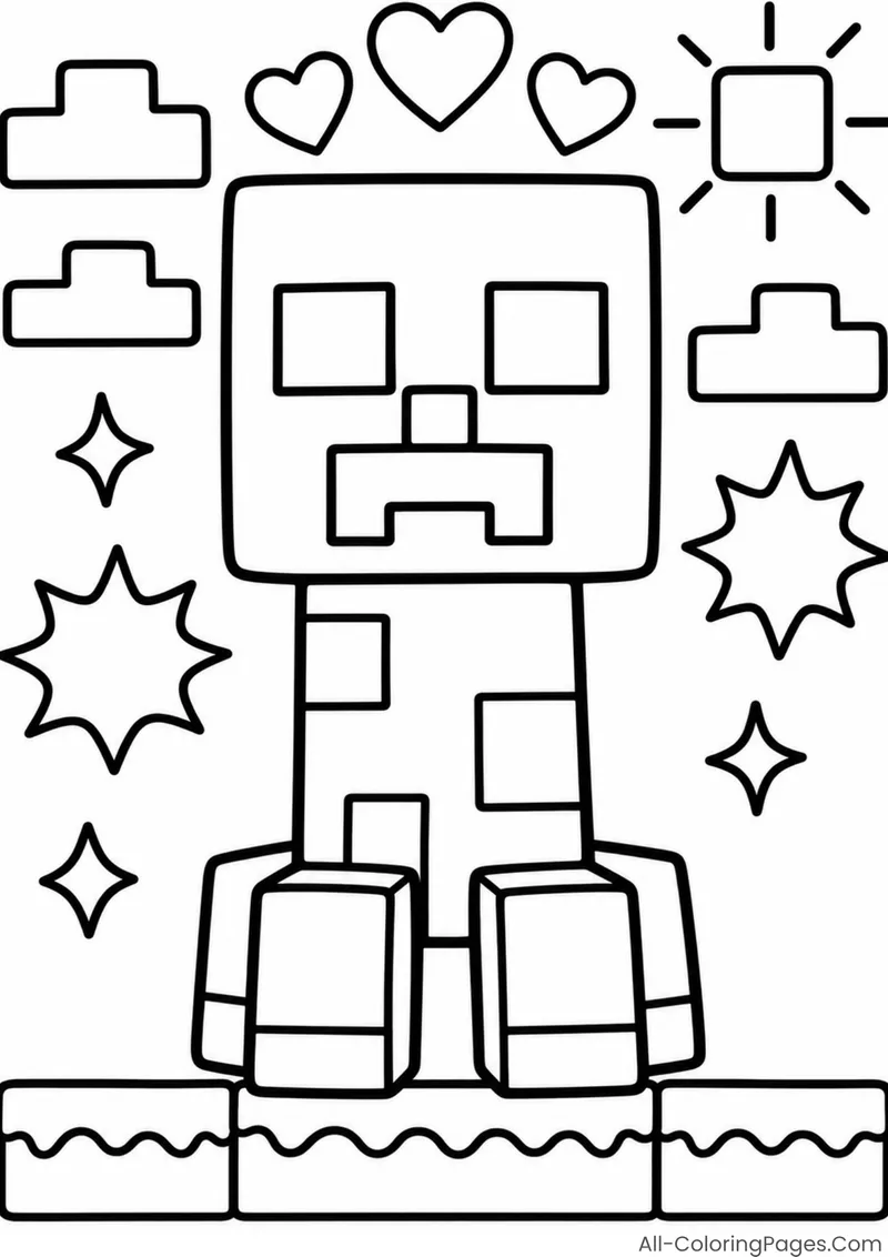 A seated Creeper surrounded by hearts, stars and blocky clouds