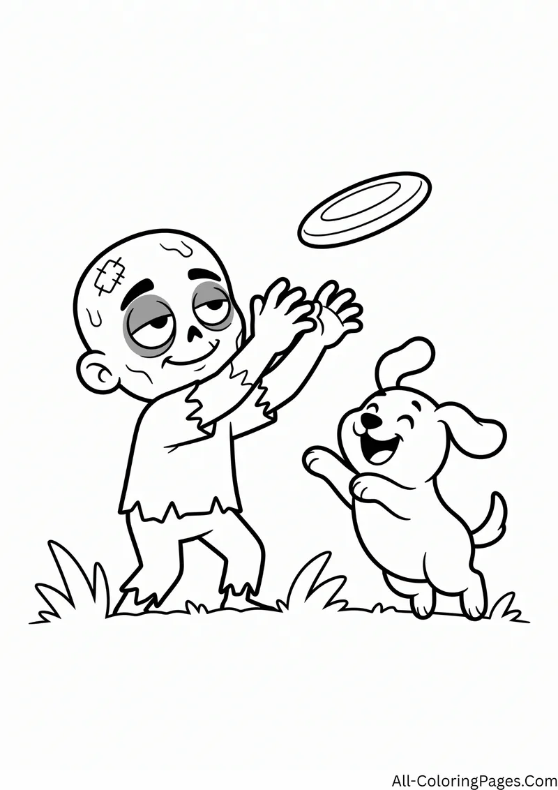 Zombie and a happy puppy jumping to catch a flying disc on the grass