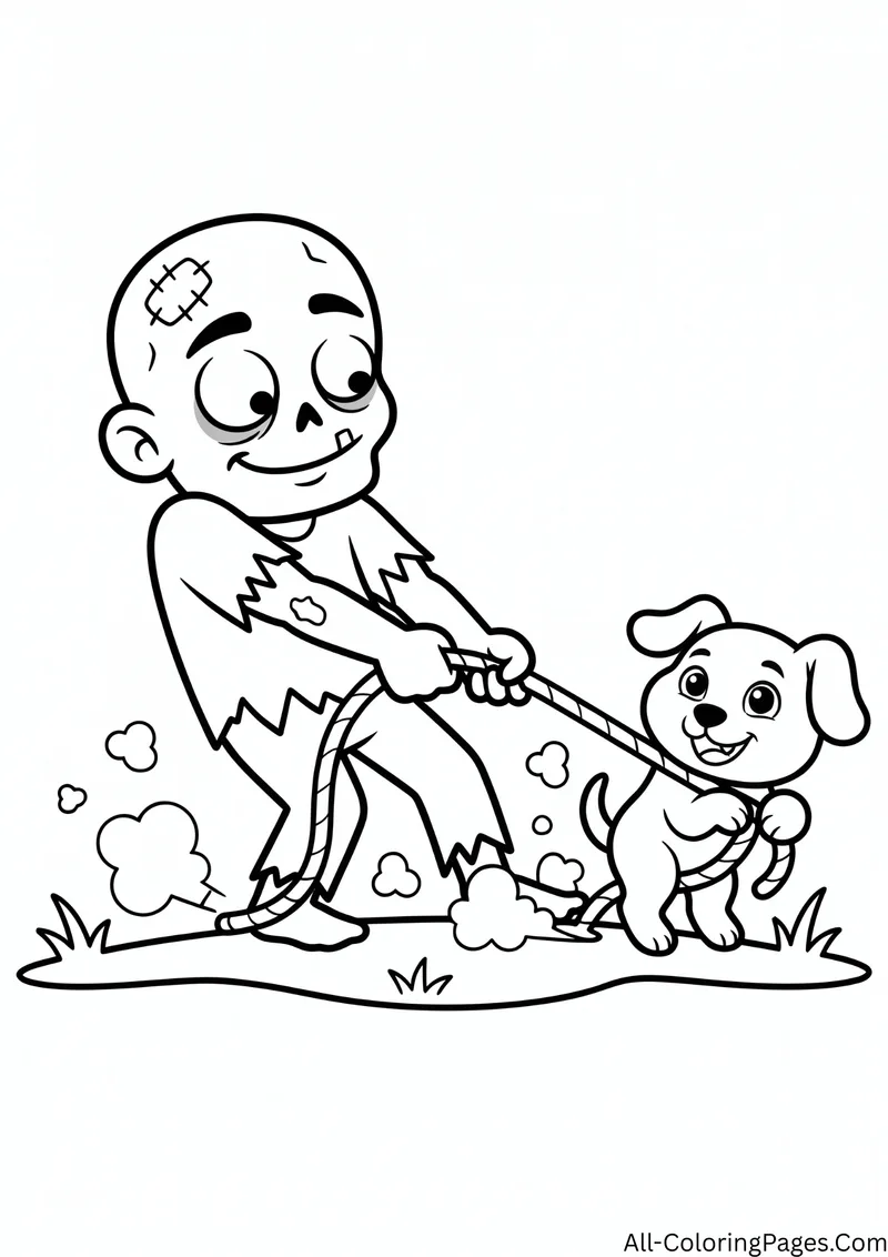 Zombie pulling a rope in a tug of war with a puppy