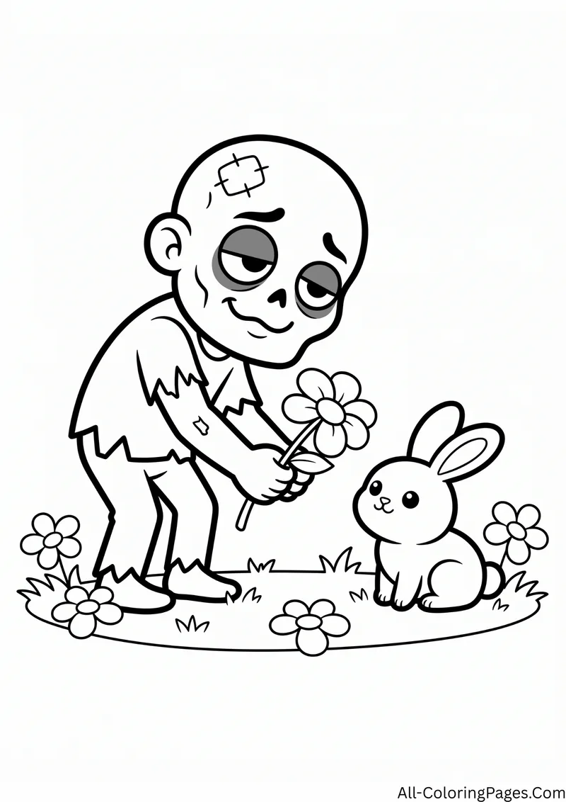 Zombie handing a flower to a small bunny in a flower field