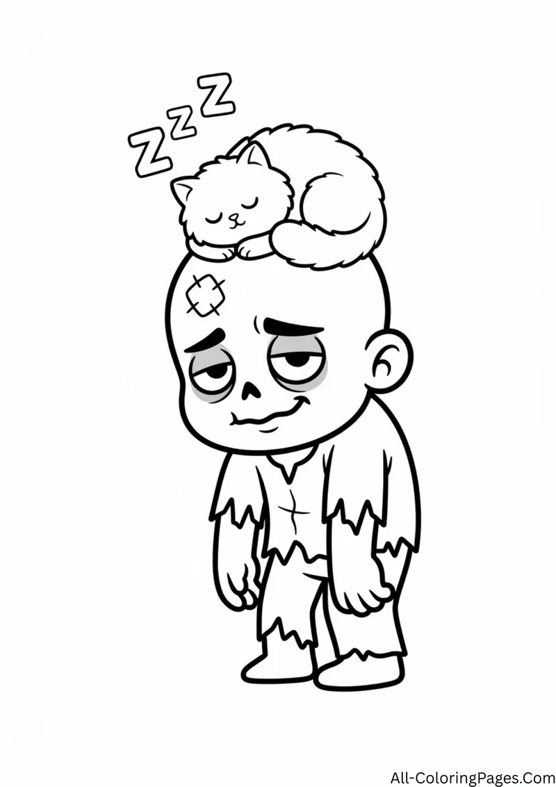 Kitten curled up and sleeping on top of a zombie's head, with the letters Z