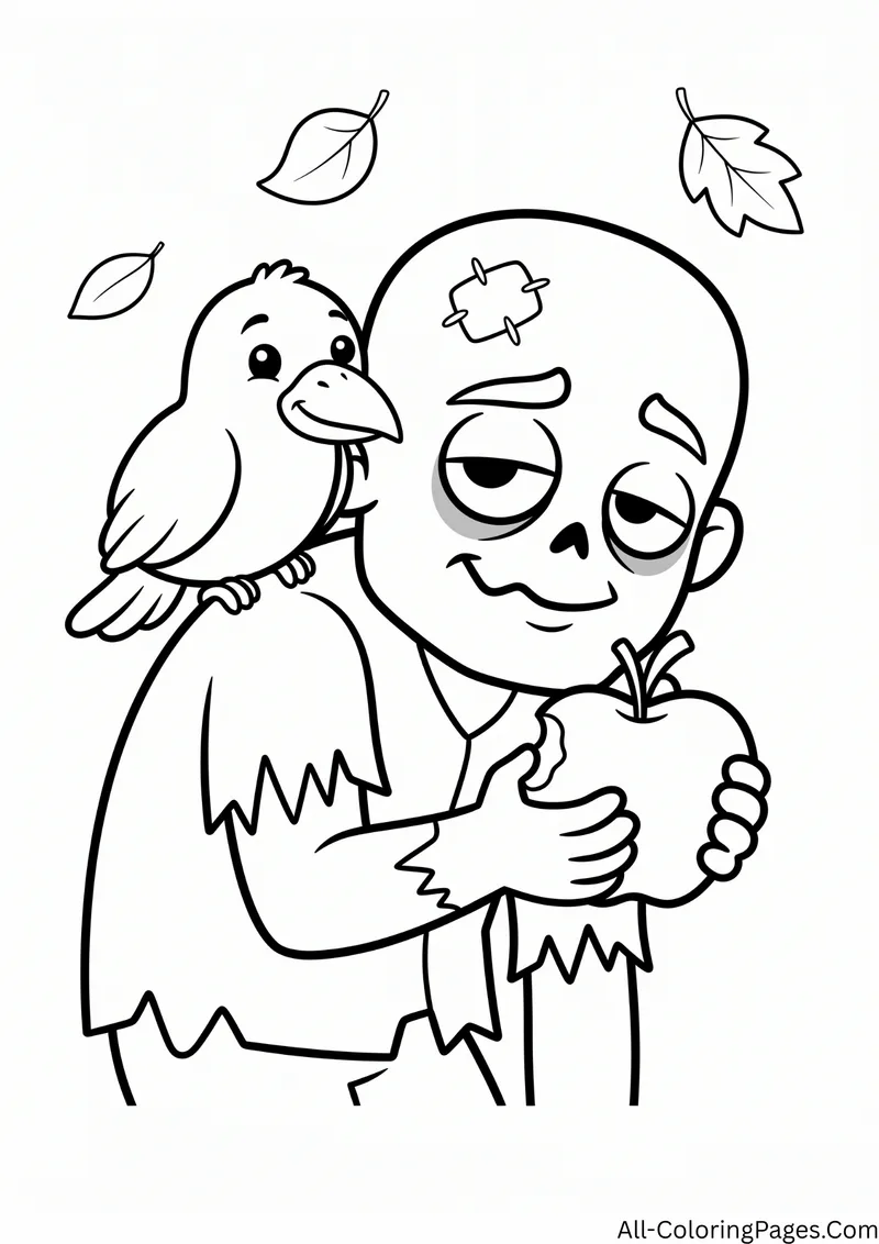 Zombie holding an apple with a crow sitting on its shoulder, with falling leaves