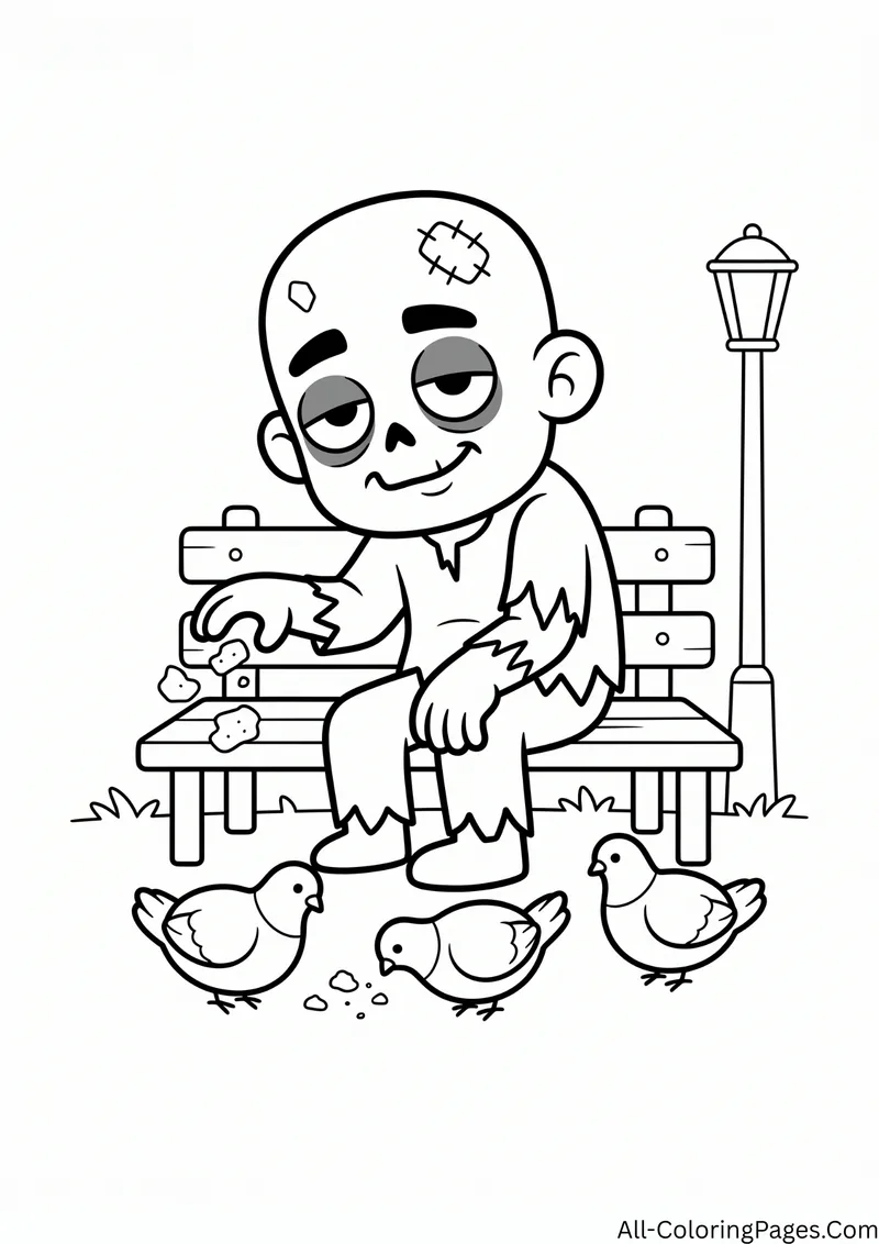 Zombie sitting on a park bench feeding three pigeons, next to a lamp post