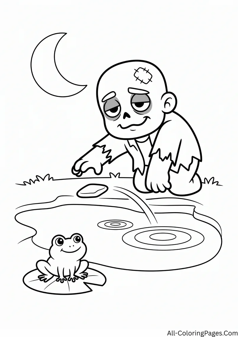 Zombie skipping a stone across a pond with a frog on a lily pad, under a crescent moon