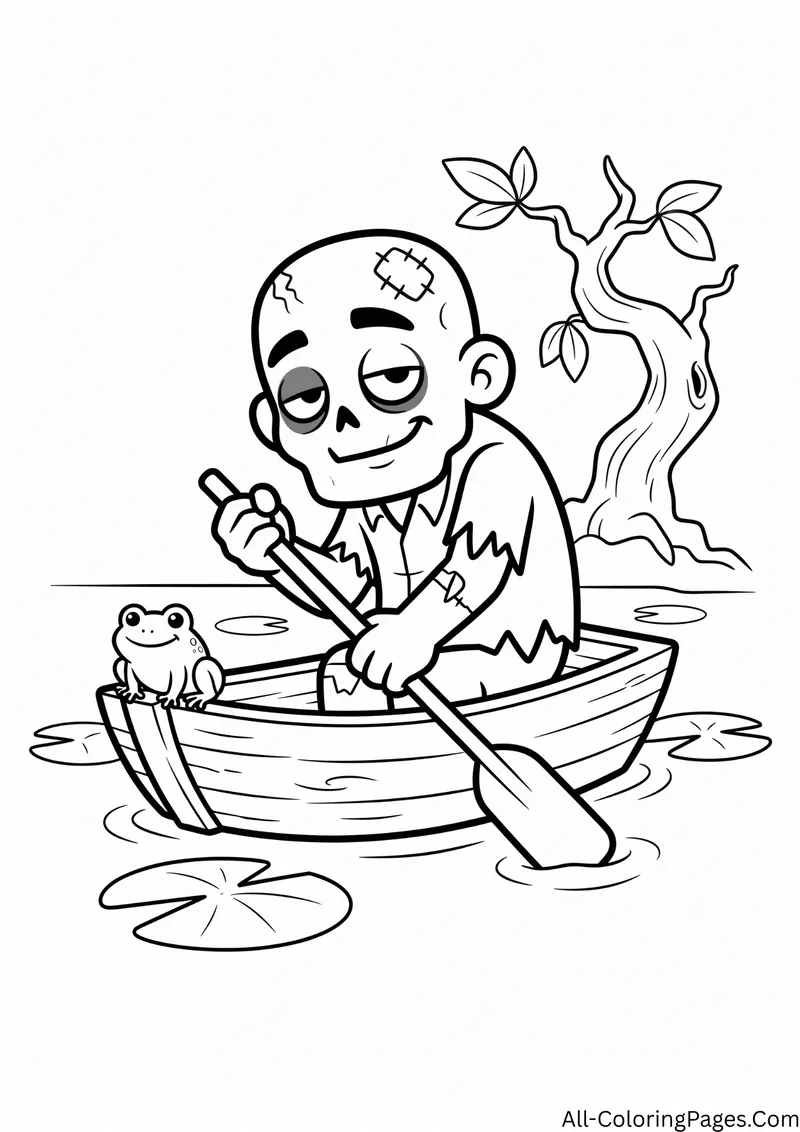 Zombie paddling a rowboat in a swamp with a frog, lily pads and a twisted tree