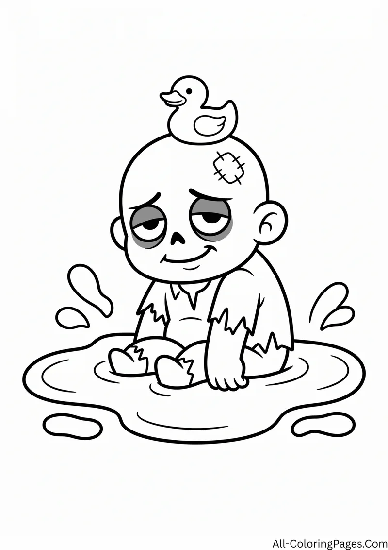 Zombie sitting in a puddle with a rubber duck on its head and water splashing around