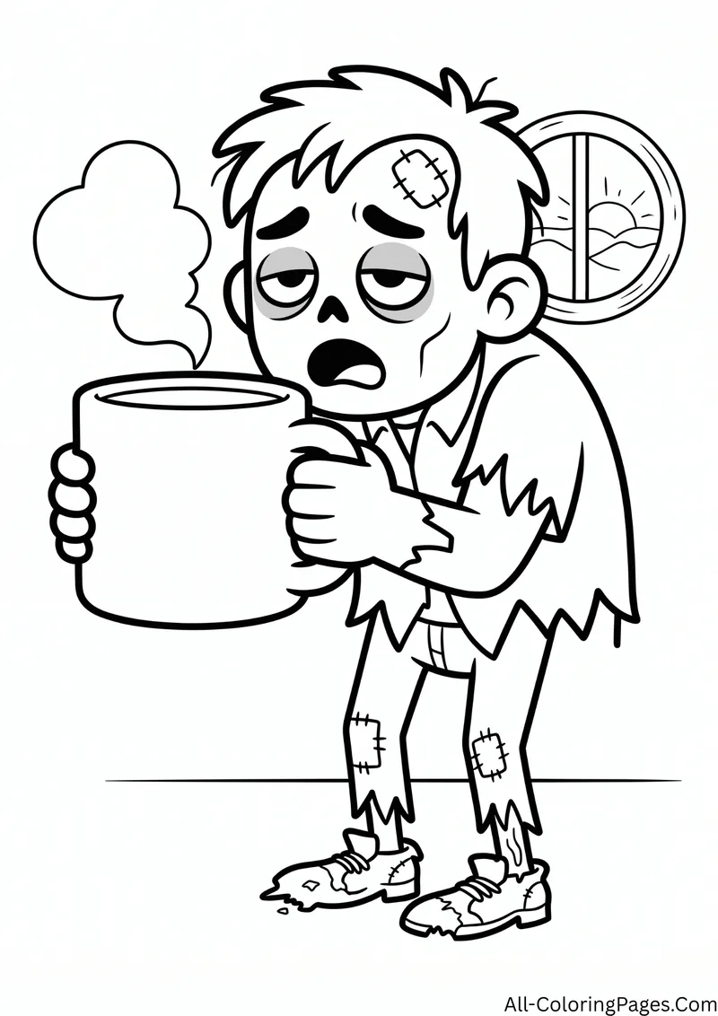 Yawning zombie with messy hair holding a giant steaming mug next to a round window