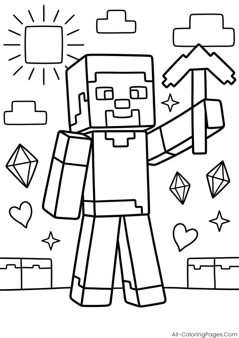 Steve raising a pickaxe beneath a square sun with diamonds nearby
