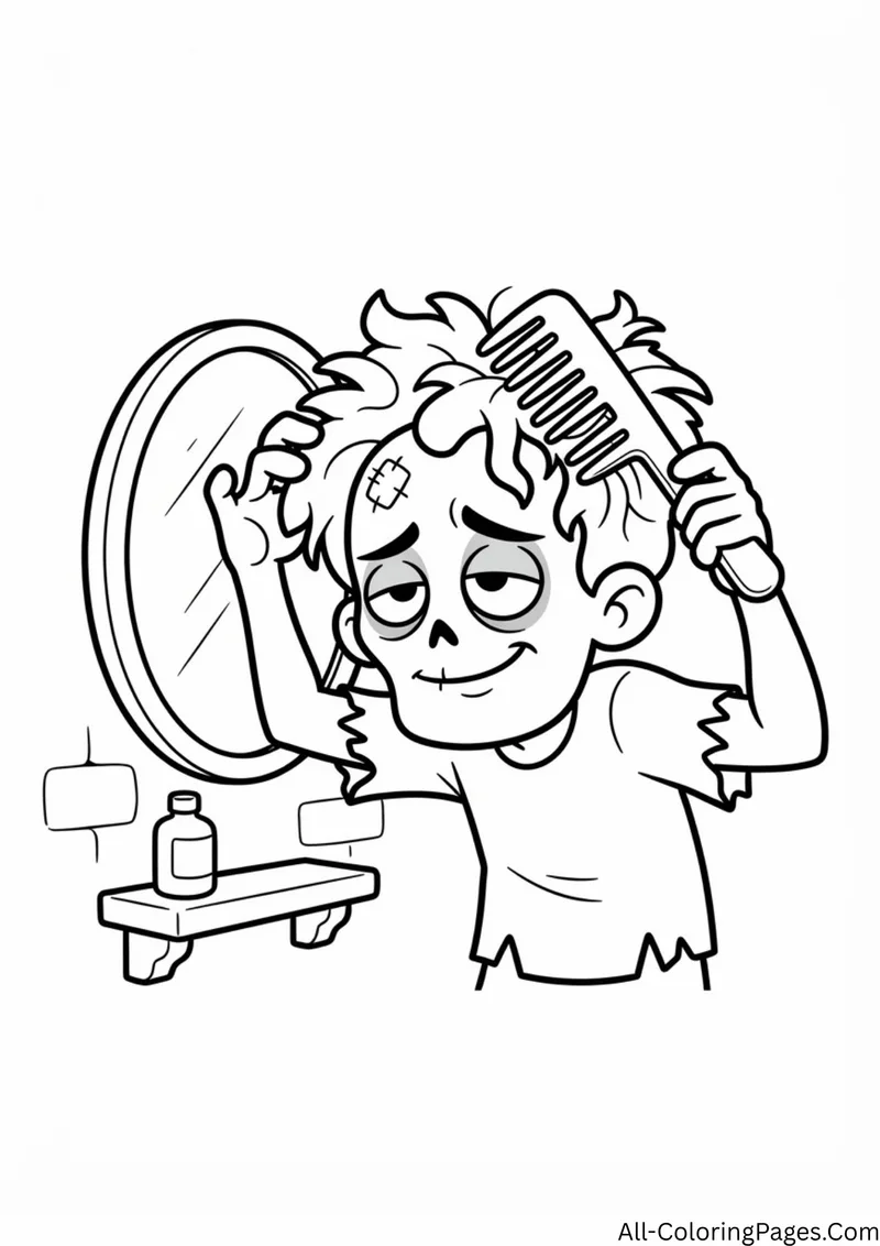 Zombie combing messy hair in front of a round mirror, with a shelf and a bottle