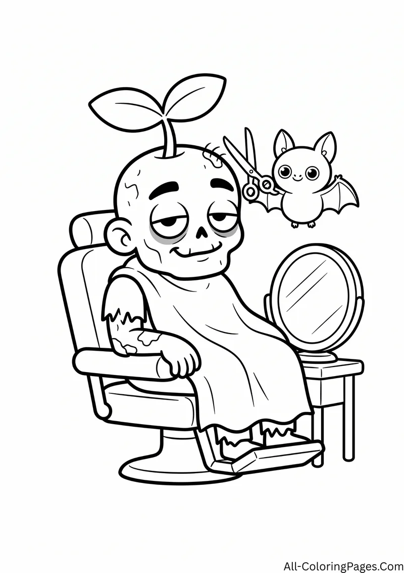 Zombie in a barber chair with a cape and a sprout on its head, a bat holding scissors and a mirror