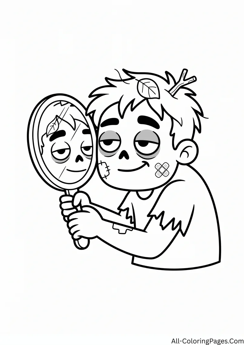Zombie with a bandage looking into a hand mirror at a leaf and twig in its hair