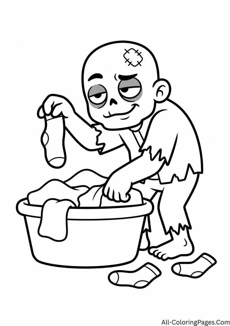 Zombie holding up a sock while digging through a laundry tub, with socks on the floor