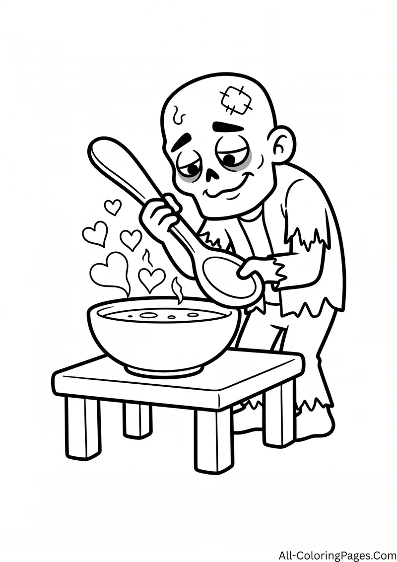 Zombie stirring a bowl of soup with a large spoon on a table, with heart shaped steam