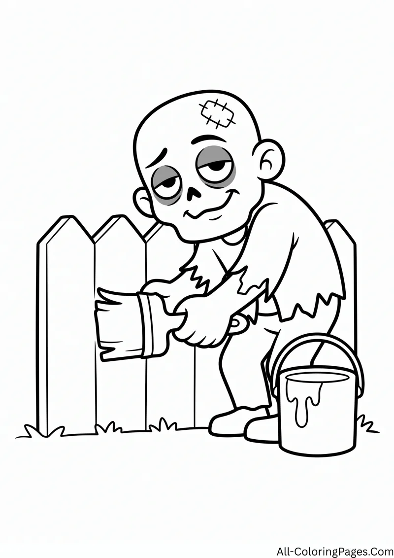 Zombie painting a wooden picket fence with a brush, with a paint bucket nearby