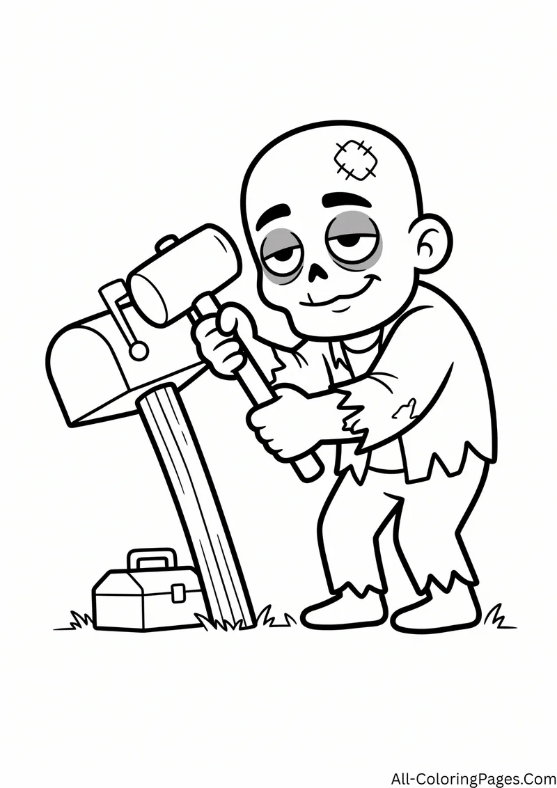 Zombie hammering a mailbox post with a toolbox on the grass