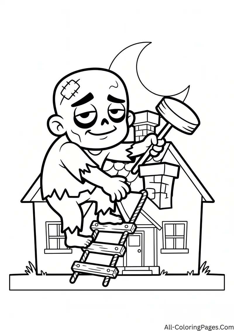Zombie on a rope ladder holding a hammer beside the chimney of a small house, under a crescent moon