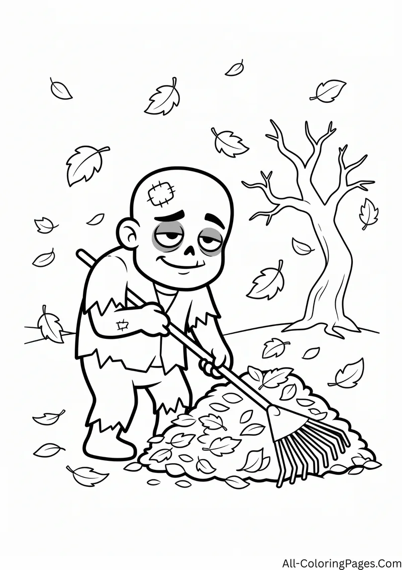 Zombie raking a large pile of leaves under a bare tree with falling leaves