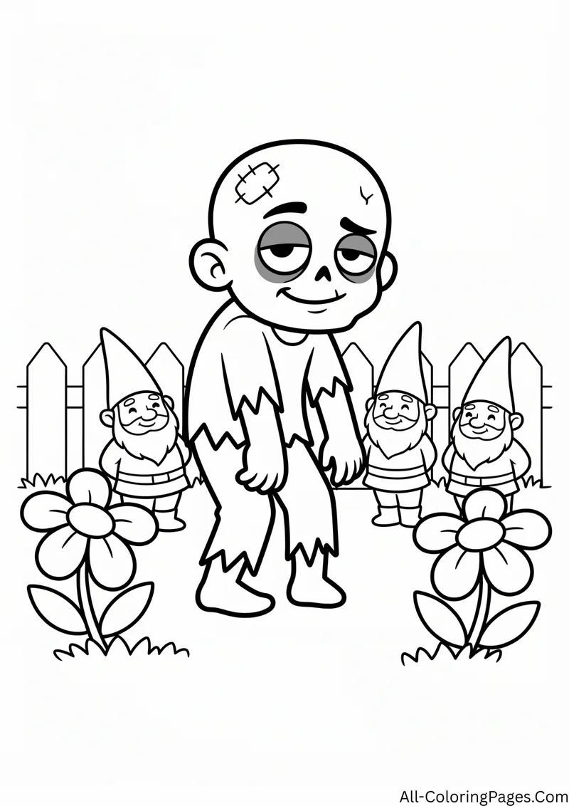 Zombie standing among garden gnomes and large flowers in front of a fence
